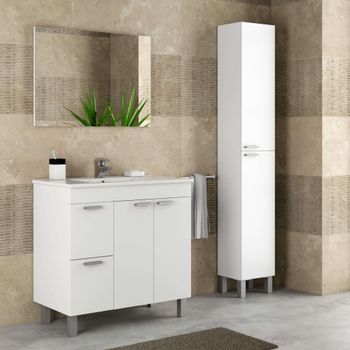 Pack Mobiliario Baño Mueble Con Lavamanos Cerámico Y Columna Color Blanco Brillo