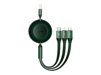 Cable USB - Baseus 3-en-1 Bright Mirror, 66W, retráctil, Carga rápida multidispositivo, USB-C a USB-C-Lightning-Micro, 110 cm, Verde