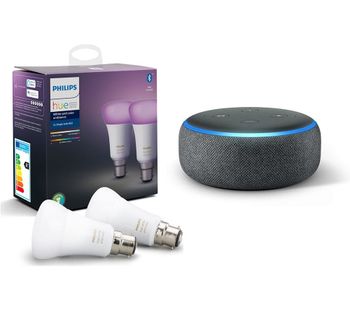 PHILIPS Hue White & Colour Ambiance B22 Bulb Twin Pack & Echo Dot (2018) - Charcoal, White
