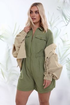 Yours Mono Corto Caqui Estilo Utility, Mujer Curvy Y Tallas Grandes, Yours