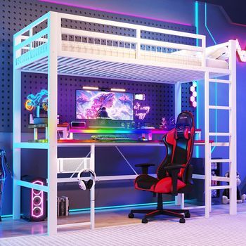 Cama Altillo 90 X 200 Cm Estructura Hierro Con Tira Led Rgb, Escritorio, Puertos Usb/type-c, 2 Enchufes, Panel Perforado, Sin Colchón, Blanco