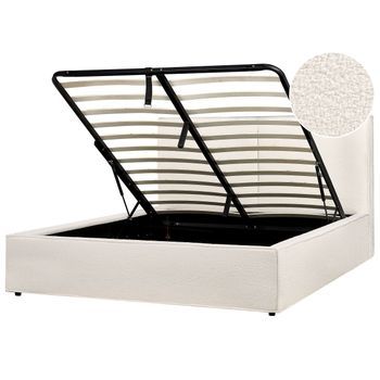 Cama Con Almacenaje Somier De Listones Dormitorio Moderno Bouclé Blanco Crema 160 X 200 Cm Moissac
