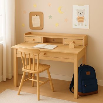 Escritorio de madera natural con cajones y almacenaje de madera