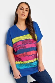 Yours Camiseta Azul De Pico Franjas De Color, Mujer Curvy Y Tallas Grandes, Yours