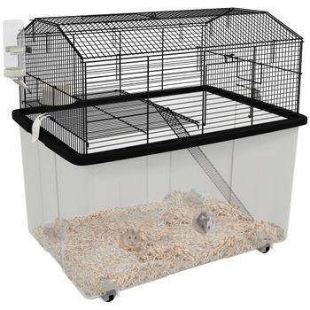 Jaula para hámster Pawut, jaula para animales pequeños, 2 pisos, con ruedas, plato. Jaula para hámster con forma de placa y escalera, de acero, 57x43