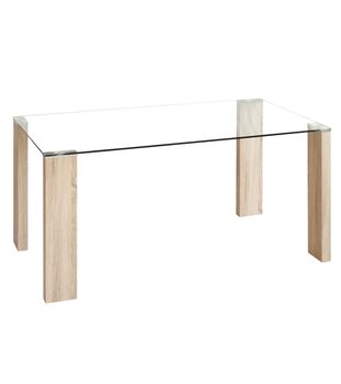 Mesa comedor de cristal 140x90 cm y patas metal roble
