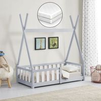 encasa cama para ninos - de pino - con colchon de espuma fria - con reja seguridad - 140x70cm - cama infantil - tipi carpa indio - gris claro lacado mate - certificado oeko-tex 100