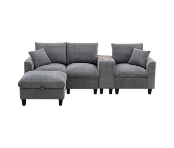 Sofá l-forma moderno 4 plazas - convertible, con consola, 2 portavasos, puertos usb, gris