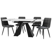 conjunto de comedor mesa extensible efecto marmol blanco y 4 sillas grises