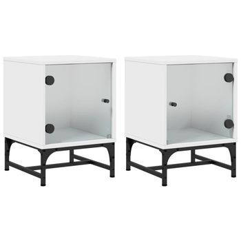 Juego De 2 Mesitas De Noche - Mesillas Con Puertas De Vidrio Blanco 35x37x50 Cm Mc6233
