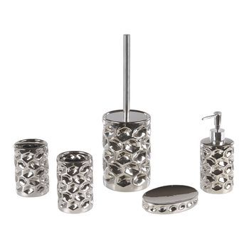 Juego De Accesorios De Baño Dispensador De Jabón Glam De Cerámica Plateado Escobilla De Inodoro Vasos