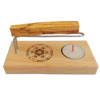 quemador artesanal de palo santo e inciensos con base de madera natural y simbolo de metatron - incluye vela de te  artsoja