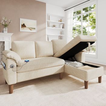 Sofá Rinconera Beige De Chenilla Con Chaise Longue Reversible, 181 × 125 × 88 Cm