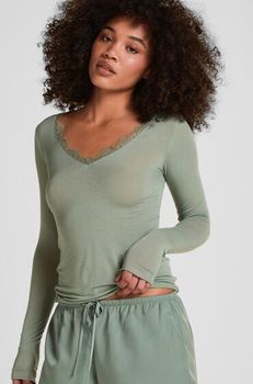 Hunkemöller Camiseta super suave con cuello en V de encaje y cachemira Verde