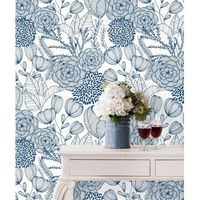 papel pintado vinilico ecologico de flores dibujadas con trazos azules - morgan flowers 680643 de gaulan - rollo de 10 m x 053 m