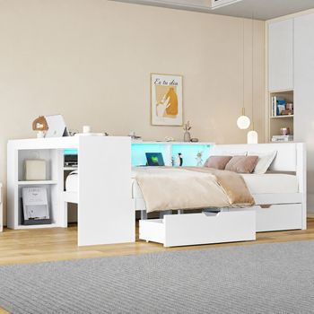Cama Plataforma Blanca De 140x200 Cm Con Almacenamiento, Carga Usb Y Luces Led
