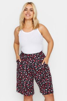 Yours Bermudas Elásticas Negras De Flores Rosas, Mujer Curvy Y Tallas Grandes, Yours