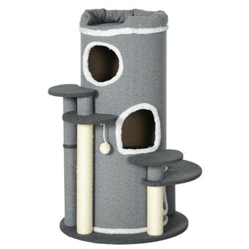PawHut Árbol para Gatos con Torre de Rascar, 2 Cuevas para Gatos, 4 Áreas de Descanso, 4 Postes para Rascar, 57x57x99 cm, Gris+ Blanco   Aosom España