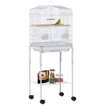 PawHut Jaula para Pájaros con Ruedas Estante Puertas 2 Comederos 2 Perchas Columpio Bandeja Extraíble 46,5x36x124 cm Blanco