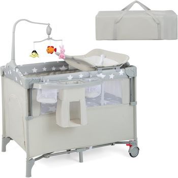 Cuna De Viaje Para Bebé Cambiador Cama De 2 Niveles Con Juguetes Colgando Costway 125 X 65 X 119 Cm Beige