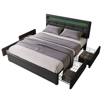 Cama Doble Acolchada 140 X 200 Cm Con Cabecero Ajustable Y 4 Cajones - Led - Lino Negro