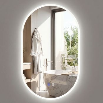 Costway Espejo Iluminado Pared Baño 90x55cm Ovalado Sin Marco LED Vidrio Templado HD Antivaho 3 Modos Color Ajustable