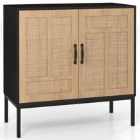 costway armario de almacenamiento con 2 puertas de ratan natural estante ajustable en 3 posiciones patas metalicas kits antivuelco negro