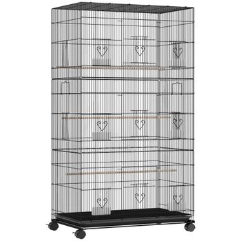 PawHut Jaula Grande para Pájaros con Ruedas 6 Comederos Bandeja Extraíble Múltiples Puertas 3 Perchas 77x46,5x141 cm Negro   Aosom España