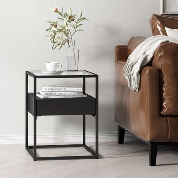 Mesa Auxiliar Vissenbjerg Con Cajón Cristal Y Acero 51 X 40 X 40 Cm - Negro Mate [en.casa]