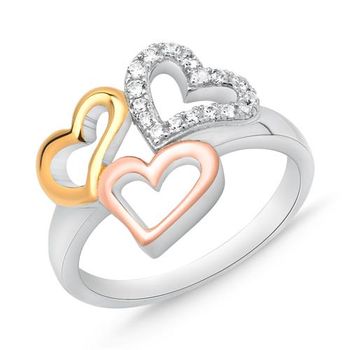 Anillo corazones plata 925 tricolor con circonita
