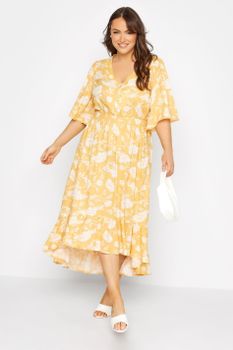 Vestido Amarillo De Flores Blancas Con Botones, Mujer Curvy Y Tallas Grandes, Yours