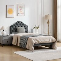 cama individual tapizada de 90x200 cm con cabecero ajustable terciopelo gris y lamas de madera