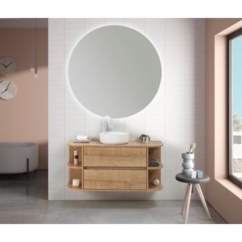 Conjunto baño 120 cm roble. Con espejo led, lavabo cerámica blanco.