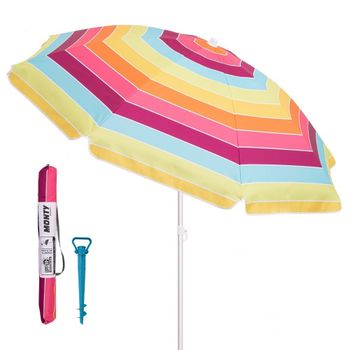 Sombrilla playa inclinable Arco Iris de 180cm y soporte de arena De aluminio anticorrosión. Protección solar UPF+50. Revestimiento interior gris y exterior en loneta de rayas multicolor. MONTY