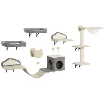 PawHut Estantes murales para gatos conjunto de muebles mural 6 piezas hamaca con cúpula acrílica caseta hamaca escalera beige   Aosom España
