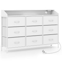 costway comoda para dormitorio con luces led estacion de carga 9 cajones de tela estructura metalica para tv hasta 58 blanco
