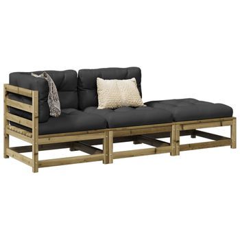 Set De Sofás Jardín 3 Uds | Mueble Jardin Mesa Y Sillas Con Cojines Madera Pino Impregnada Cfw99475
