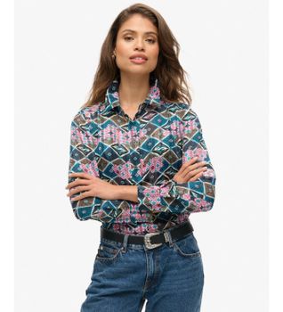 Superdry para mujer. W6012006A Camisa Sheer multicolor (M), Casual, Viscosa, Manga larga