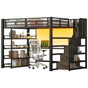 Cama Alta, 140x200 Cm, Metal, Con Escritorio, Estantes, Usb, Led, Negra