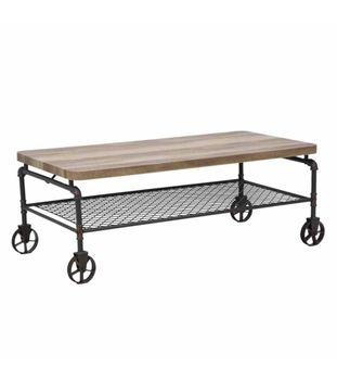Mesa centro rústica con revistero y patas metal con ruedas