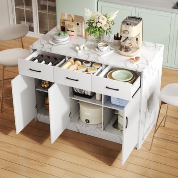 Isla De Cocina De 120x60x90,5 Cm, 3 Cajones, 3 Puertas, Mármol, Estantes Ajustables, Cajones Silenciosos, Blanca.