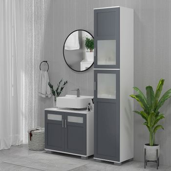 Armario Alto De Baño Mdf Vidrio Templado Kleankin 37x35x190 Cm Blanco