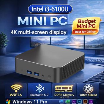FUCHU 2026 NUEVO Mini PC Portátil con Intel Core i3 6100U, Windows 11, 16GB LPDDR4, 1TB/2TB M.2 SSD, Computadora para Juegos, WiFi 6, BT5.2, Oficina, Escritorio