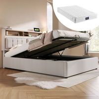 cama doble tapizada con almacenamiento y cabecero de lino con toma usb c para adolescente 140x200 con somier de lamas y colchon