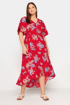 Yours Vestido Rojo De Flores Con Discreta Cola, Mujer Curvy Y Tallas Grandes, Yours