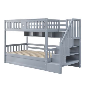 Litera Gris De 90 X 200 Cm Con Escalera De Almacenaje Y Base Elevable