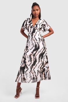 Vestido Midaxi De Chifón Con Mangas Sueltas Y Estampado Abstracto, Brown