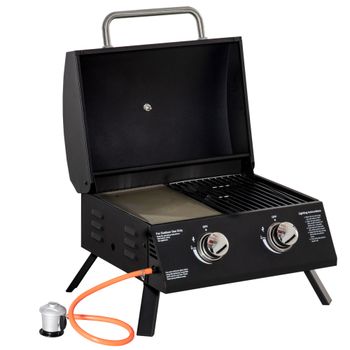 Outsunny Barbacoa de Mesa a Gas Plegable con 2 Quemadores Parrilla de Gas Portátil Tapa Acero para Picnic Jardín 55x46,5x41 cm Negro   Aosom España