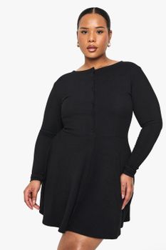 Vestido Plus Mini Skater De Canalé Con Botones, Negro
