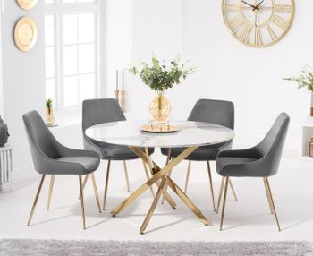 Nixon 120cm Round White Marble Table with Fern Velvet Chairs - Grey, 4 Chairs
